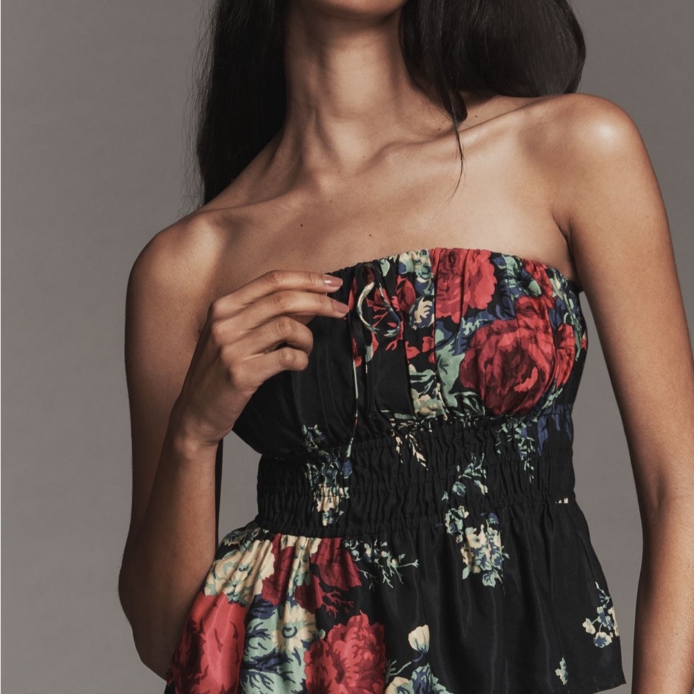 The Somerset Strapless Silky Blouse NWT Small Black Floral